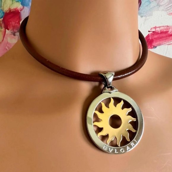 Authentic! Bulgari Tondo Sun 18k Gold Steel Extra Large Pendant Leather Necklace - Picture 2 of 10